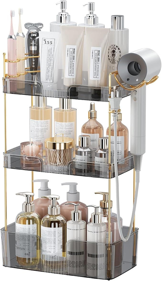 Akinbas 3 Tier Bathroom Organizer Countertop Makeup Perfume Tray Skincare Organizer Comes with Hair Dryer Rack and Toothbrush Holder for Bathroom Dresser Vanity (Grey)