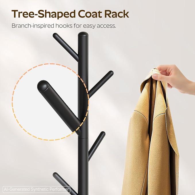 Coat Rack Freestanding with Umbrella Holder, Coat Rack Stand with 8 Hooks, Heavy Duty Coat Tree for Entryway, Modern Clothing Rack, Metal Coat Hanger Stand for Bedroom, Office, Black YM03BB