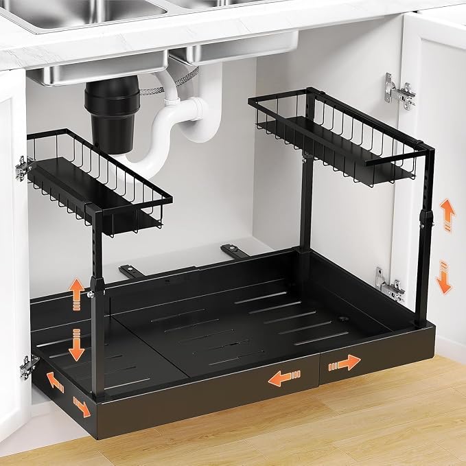 Aisslro Under Sink Organizer, 2 Tier Pull Out Cabinet Organizer, Expandable & Adjustable Slide Out Shelf 17.9''–29.5'', Under Sink Storage for Kitchen Bathroom Laundry Cabinet Storage, Black