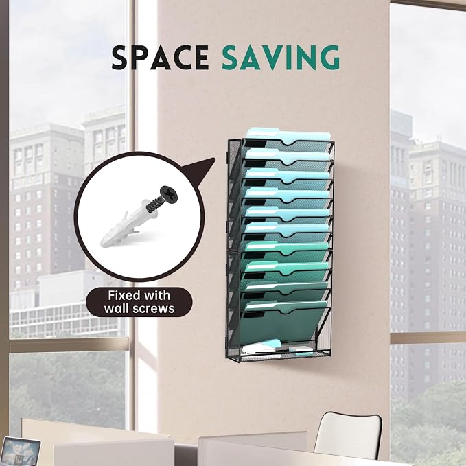 SUPEASY 11-Tier Wall File Organizer, Wall Mounted Mail Sorter, 2 Pack | Metal Mesh Hanging File Organizer with Open Compartments and Label Panels for Papers and Folders at Home, Office or School