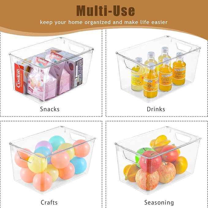 Freebat 6 Pack Clear Storage Bins with Lids, 7 Quart Pantry Organizer Bins | Stackable Plastic Storage Containers, Pantry Organization for Office, Bedroom, Cabinet, Fridge,Kitchen Organization
