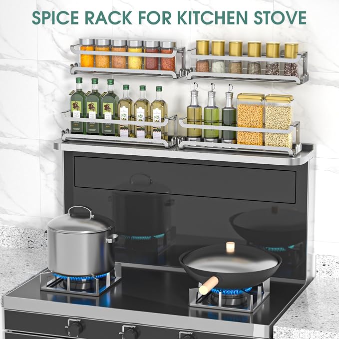 LUCYCAZ 4 Pack Wall Mounted Spice Rack for Kitchen Cabinet,RV,Camper,Sliver | 16 Metal Hooks, Space-Saving,Screw or Adhesive Spice Shelf Hanging,for Pantry Door Spice Jars & Seasonings,11.41×2.75×2.36in