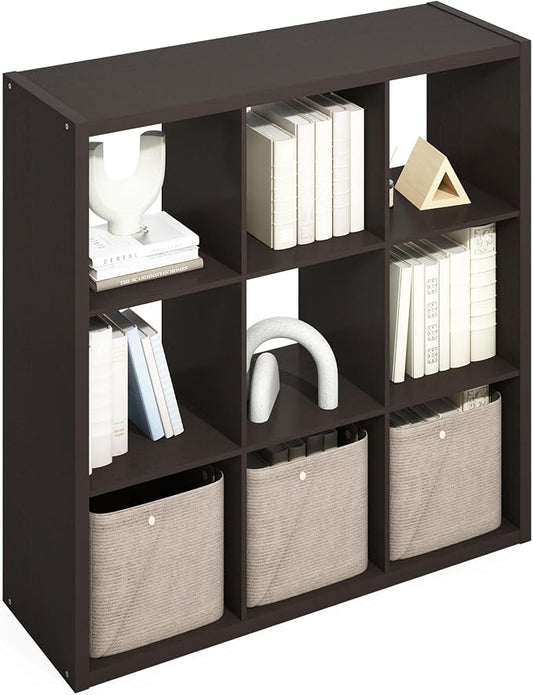 Furinno Simple 9-Cube Storage Organizer, Display Shelf, Dark Oak | Extra Thick Frame, Open Back Shelving Unit, Storage Shelves, for Organization and Storage, Living Room, Home Office