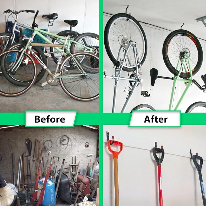12 Pcs Heavy Duty Garage Bike Storage and Utility Hooks-5.7" & 4.5" | Vinyl coated, Anti slip, Stainless steel, Anti rust, Garage Wall, Ceiling Hooks for Hanging Bicycle, Hose, Cord, Garden Tools