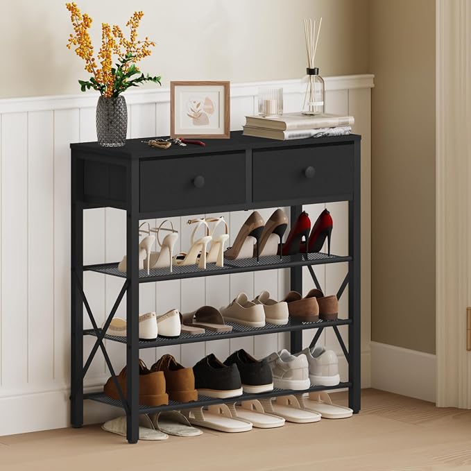 4 Tier Shoe Rack, Large Capacity Shoe Storage Organizer, Metal Shoe Shelf with Drawer and Wooden Top, for 16 Pairs of Shoes, for Entryway, Closet, Black SS24BB