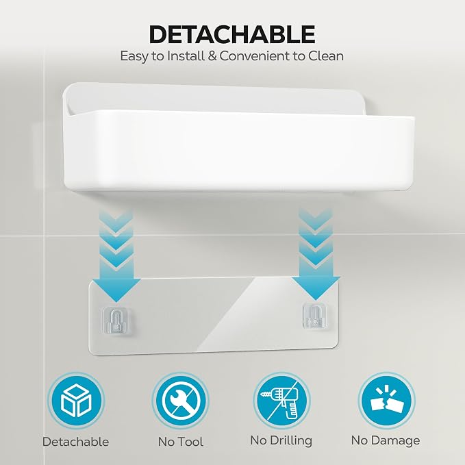 Nieifi Adhesive Shower Shelves, White, 5 Pieces | Rustproof ABS, Large Capacity, Removable Design, Easy-Clean, No Drilling Shower Organizer for Bathroom Storage & Home Decor