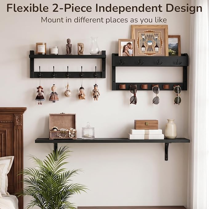 Wooden Key Holder Wall Mount with Shelf, Wall Key Rack and Mail Holder with 9 Key Hooks and 6 Sunglasses Holders, Farmhouse Key Hanger for Entryway Living Room Bedroom, Black