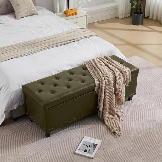 Tbfit 50.8" Large Storage Ottoman Bench with Button-Tufted Top, Blue PU Faux Leather End of Bed Chest with Safety Hinge and Rivets for Bedroom, Living Room (Green PU)