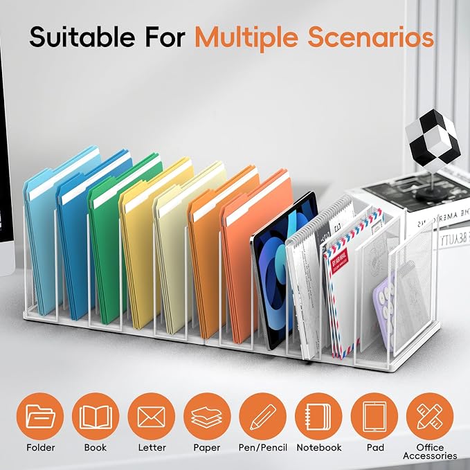 File Organizer For Desk, 11 Section Metal Desk File Sorter, White | Desk file organizer, connectable 11 section design, 2.17 in spacing, vertical folder storage for home office and classroom