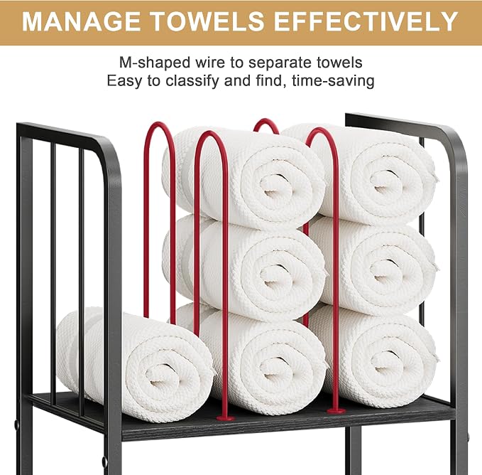 3-Tier Freestanding Towel Racks for Bathroom, Black Towel Rack Stand | Detachable M-shaped Dividers for Bath Towel Storage Premium Iron & Wood Holder Crafted for Bathroom Organization