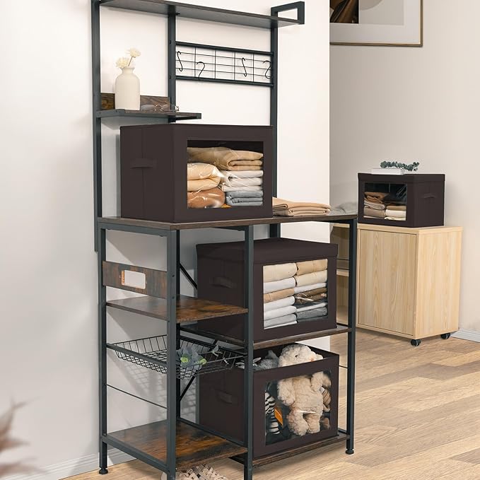 Homsorout Stackable Storage Bins with Lids - Large Storage Box with Lids, Foldable Closet Boxes for Organizing, Wardrobe Clothes Organizer with Window, Cubes Bins for Living Room, 4 Pack, Brown