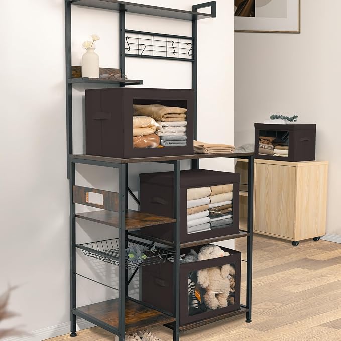 Homsorout Stackable Storage Bins with Lids - Large Decorative Basket with Lids, Fabric Foldable Closet Organizer Bins, Shelf Organizer for Living Room, Dorm, 5 Pack, Brown