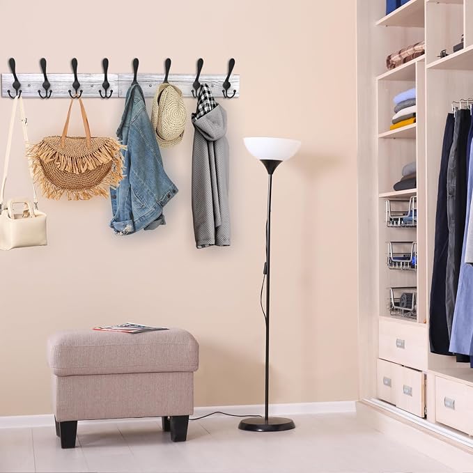 IBosins Wall Mounted Coat Rack, 31.4" Long with 8 Black Rustic Tri-Hooks | Vintage White Rustic Wood & Aluminum Coat Rack for Coat, Bag, Towel, Key, Hat, Umbrella