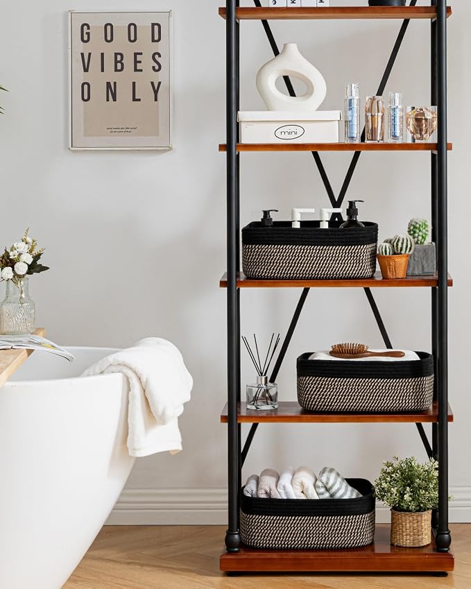 KALLAX Small Woven Storage Basket for Organizing, 13.5x9.5x5 inches, 3 Pack | Shelf baskets for closet organization, toy storage and home decor, Perfect as empty gift baskets for holidays, Black & Brown