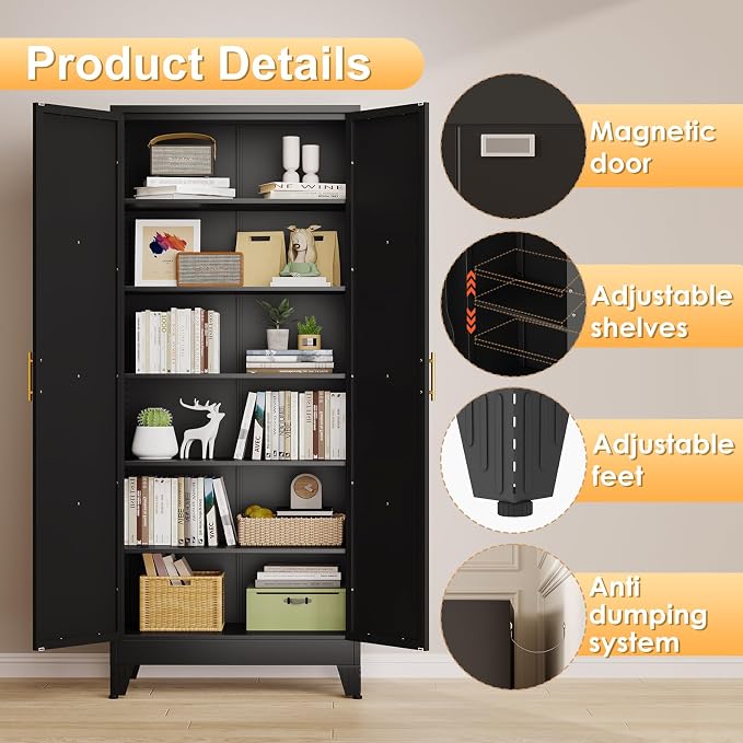75.2" Tall Metal Kitchen Pantry Storage Cabinet, Freestanding Cupboard with 2 Doors and 5 Adjustable Shelves, Standing Storage for Kitchen, Bathroom, Garage, Dinning Room or Utility Room（Black）
