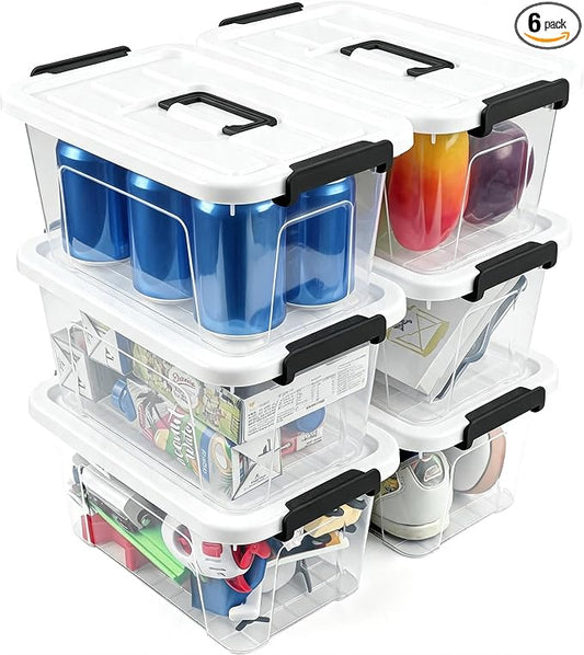 AREYZIN Plastic Storage Bins With Lids,6 Pack Storage Organizer Bins,7 Quart Stackable Storage container with Lid and Gray Handle Buckle Easy for Home Office Organization, with White Lids