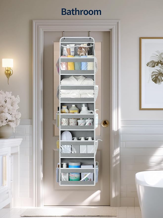 Yecaye 6 Tier Over the Door Organizer, Swing-proof Door Organizer Hanging with Clear PVC Windows, Behind the Door Storage for Bedroom Nursery Closet Laundry Pantry Bathroom, Warm Grey