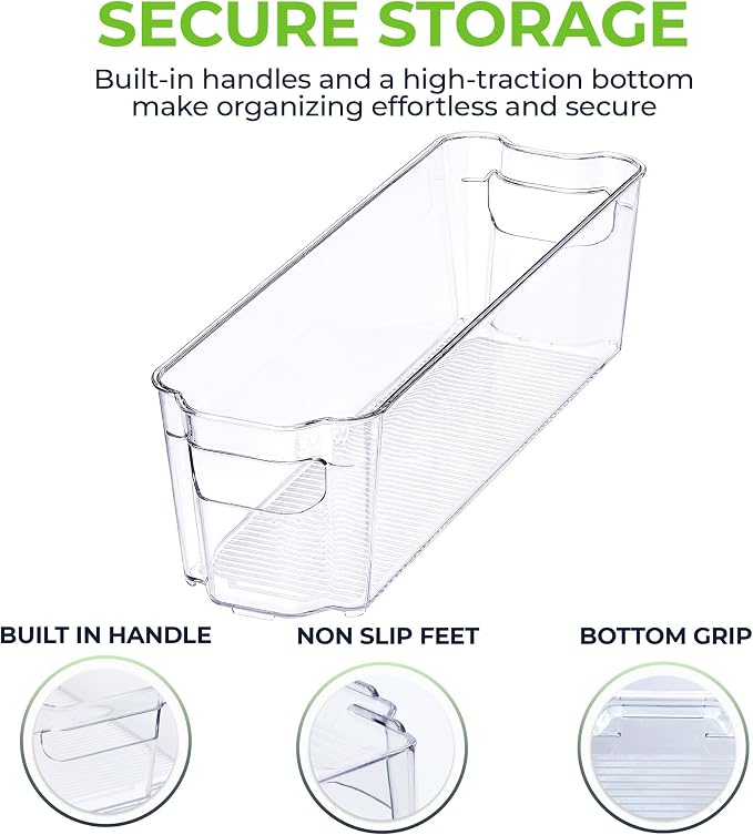 Zulay 4 Pack Clear Refrigerator Organizer Bins - Narrow Fridge Organizers and Storage Clear - Ideal Freezer Organizer Bins, Refrigerator Storage Containers, Kitchen Cabinets, Pantry Organization