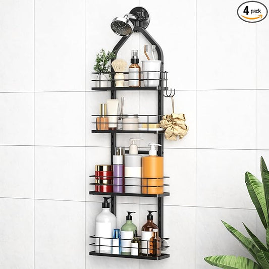 Shower Caddy Hanging (Black), Adjustable Anti-Swing-Over The Shower Head Caddy, 4 Tier Stainless Steel Bathroom Storage Organizer Bathroom Shelves Basket Rack Shower Caddies (4Tier)