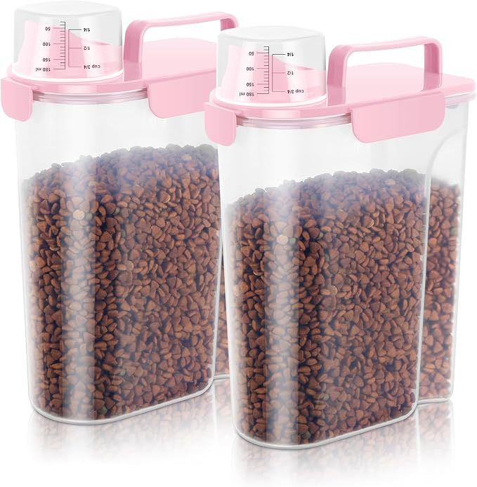 5-7LBS/6Qt Dog Cat Storage Container Portable with Upgraded Large Spout and Cup, Plastic Pet Food Dispenser for Small Animal Kibble, Bird Seed, Oatmeal, Rice, Flour, Brown Sugart-2 pack Smoky Pink