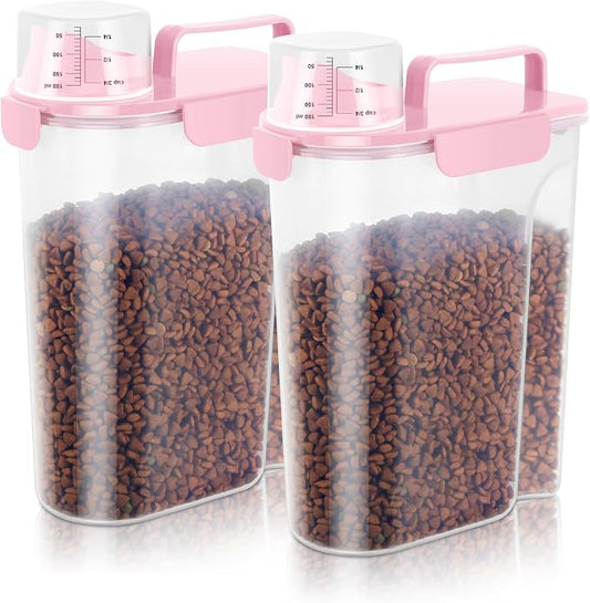 5-7LBS/6Qt Dog Cat Storage Container Portable with Upgraded Large Spout and Cup, Plastic Pet Food Dispenser for Small Animal Kibble, Bird Seed, Oatmeal, Rice, Flour, Brown Sugart-2 pack Smoky Pink