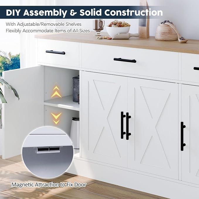 Buffet Cabinet with Storage, 53" Farmhouse Buffet Cabinet with 4 Doors and 3 Drawers, Sideboard Small Storage Cabinet with Adjustable Shelf, for Kitchen, Dining Room & Living Room, White&Yellow
