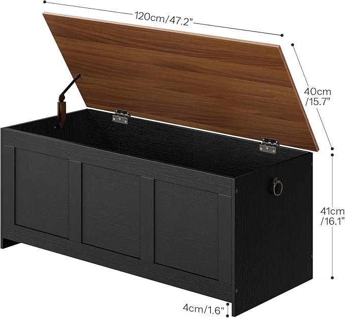 HOOBRO Storage Bench, 47.2" Retro Wooden Storage Chest, Wooden Storage Trunk, Toy Chest with Lift Top, Multifunctional Entryway Organizer, for Entryway, Living Room, Black and Walnut BH412CW01