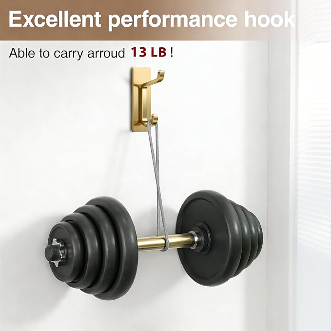 pickpiff 12 Pack Stick-on Hooks Strong 13LB for Coat & Towel, Brushed Gold