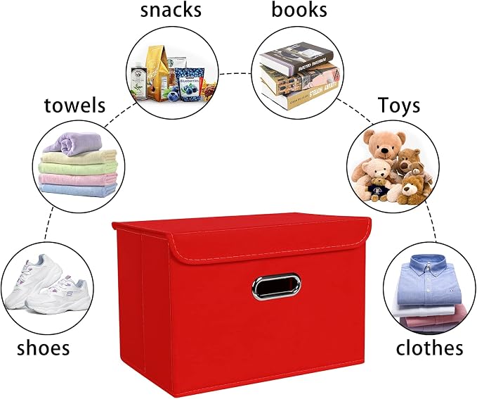 Linen Fabric Foldable Collapsible Storage Cube Bin Organizer Basket Fabric Storage Bins with Lid, Leather Handles, Removable Divider for Home, Closet, Red 3Pcs
