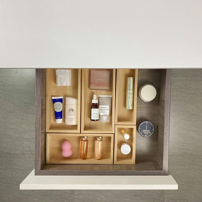 bamboo drawer organizer Set,expandable drawer dividers,wooden storage organizers,drawer organizers for kitchen, bathroom,flatware,Tea Bag Organizer (2 X 5PCS Natural)