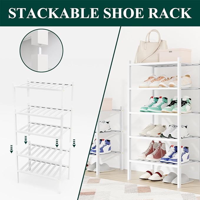 Smiry Bamboo Shoe Rack, 12 Vertical Slats, 6 Tier - 17.3" Wide, White | Stackable Free Standing Wooden Shoe Organizer, Wood Shoe Storage Shelf for Closet, Entryway