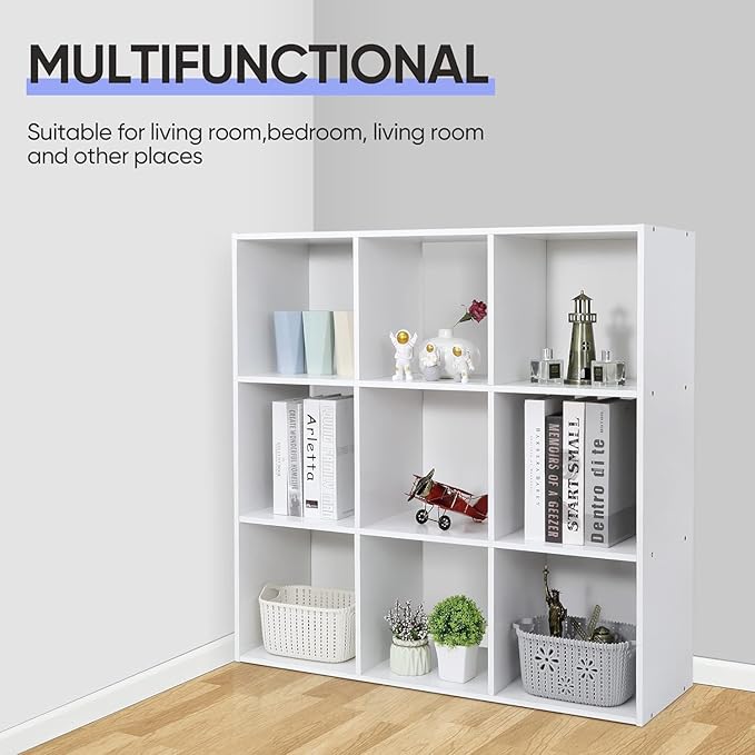 9 Cube Storage Organizer, Wooden Bookshelf Cube Storage, Freestanding Bookcase W/5 Removable Back Panels, Display Shelf Bedroom, Living Room, Home, Office, White