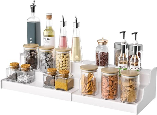 Sezanrpt Expandable Spice Rack Cabinet Organizer 3 Tier, White Kitchen Counter Display Shelf, Seasoning Organizer for Cabinet, Moisture Resistant