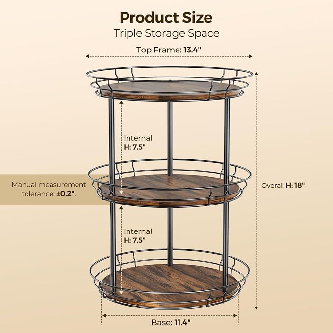 LAMU 12'' Lazy Susan Turntable Organizer, 3 Tier Round Rotating Spice Rack Organization for Kitchen Cabinet and Countertop, Wooden Lazy Susan for Table Top, Pantry, Bathroom, Vanity, Home Decor