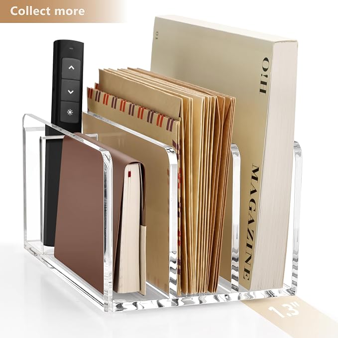 SANRUI Acrylic Mail Sorter Desk Organizer with Pen Holder, 3 Compartments | Clear Small File Script Letter Document Storage for Desktop Bill Filling Envelope Holder Office, Home, School Organization