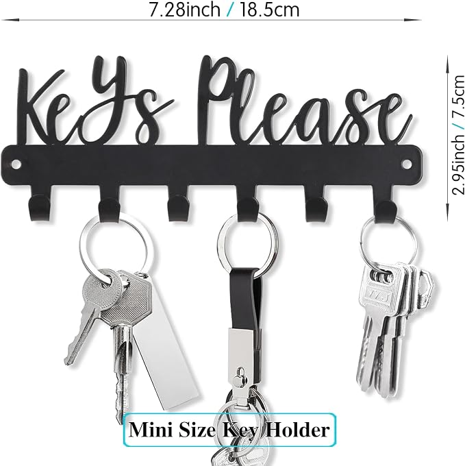 Keys Please Key Holder Wall Mounted, Mini Size: 7.28x2.95inch | Black Metal Decorative Rack Hooks for Garage,Mudroom,Hallway,Entryway,Front Door,Office
