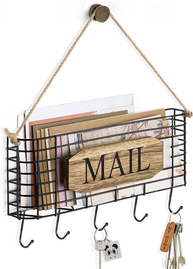 SRIWATANA Mail Organizer Wall Mount, 5 Key Hooks, Large, Carbonized Black | Mail Holder Key Holder for Wall, Hanging Mail Sorter, Letter Basket for Receipts Bills Envelopes, Home & Office Organizer