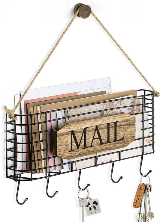 SRIWATANA Mail Organizer Wall Mount, 5 Key Hooks, Large, Carbonized Black | Mail Holder Key Holder for Wall, Hanging Mail Sorter, Letter Basket for Receipts Bills Envelopes, Home & Office Organizer