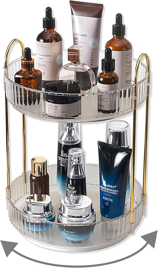Asayuee 360 Rotating Makeup Organizer,2 Tier Large Capacity Make Up Organizers and Storage,Skincare Perfume Vanity Organizers,Bathroom Cosmetics Storage Organizer Countertop(Clear-2 Tier)