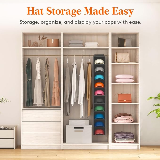 Lifewit 10 Section Hanging Hat Organizer for Baseball Caps, Black, 1 Pack | Hat Rack Hanging Storage, Non-Woven Fabric Display Shelf Holds Up to 40 Hats, Cap Holder Hanger for Closet, Bedroom