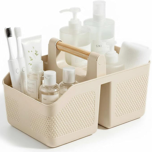 Plastic Shower Caddy Portable Shower Basket with Bamboo Handle, Cream | Cleaning Caddy Organizer Storage Tote for Bathroom, College Dorm Essentials, Bath Toy Storage