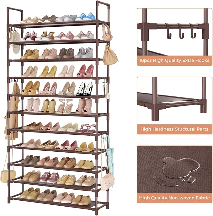 LANTEFUL 11 Tiers Tall Shoe Rack Holds 55 Pairs of Shoes with 18pcs Hooks Sturdy Wide Shoe Organizer Storage Free Standing Metal Shoe Shelf for Closet, Entryway Brown