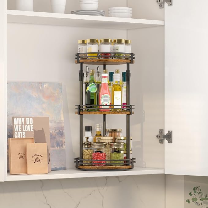 Across-Star Lazy-Susan-Organizer-Spice-Rack, 3-Tier Rotating Spice Organizer For Cabinet Pantry, Seasoning Holder Shelf With Adjustable Height, Kitchen Counter Shelf Countertop Organzier