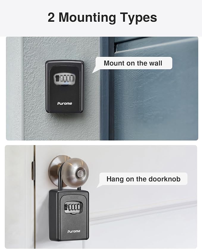 Puroma Lock Box, Large Key Lock Box Resettable Combination Lockbox, Portable Wall Mount Lockbox Security Safe Box for Outside Outdoor Home Office Door Handle House Key, Pure Black (2 Pack)