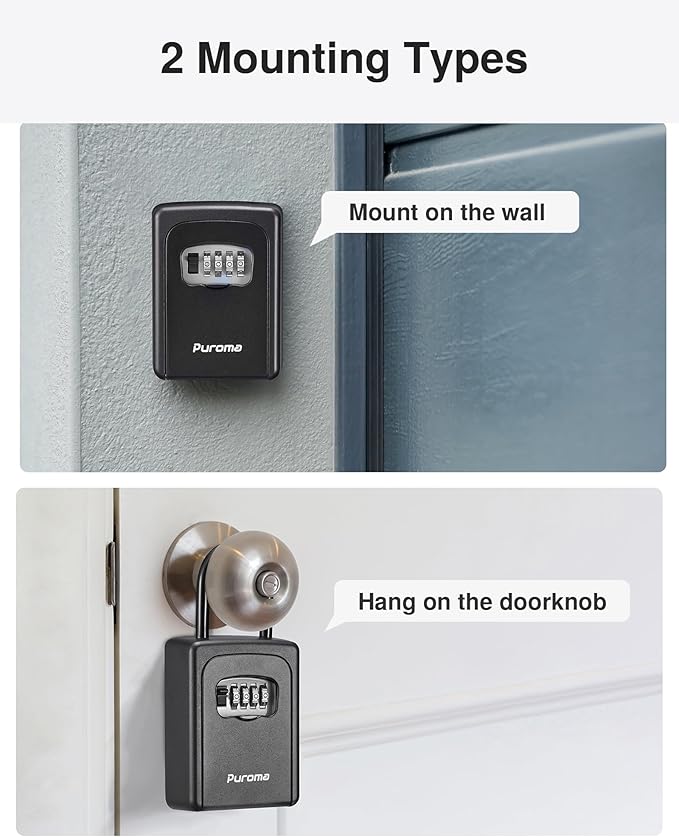 Puroma Lock Box, Large Key Lock Box Resettable Combination Lockbox, Portable Wall Mount Lockbox Security Safe Box for Outside Outdoor Home Office Door Handle House Key, Pure Black (1 Pack)