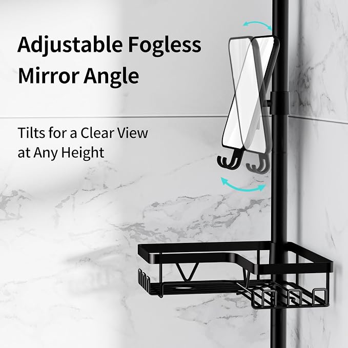KEGII Shower Caddy Tension Pole, Fogless Mirror Bathroom Organizer, Black | Rustproof Corner Storage with Adjustable 25-114.2 inch Rod, No Drill Design for Shampoo and Shower Essentials