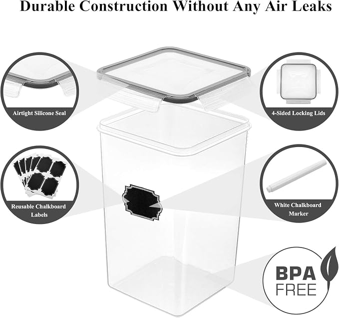 Wildone Flour Sugar Storage Containers 6.5L, 4 PCS, Black | Large Bulk Food Storage Containers with Airtight Lids for Flour and Sugar, BPA Free, Food Grade Material, 20 Labels Included