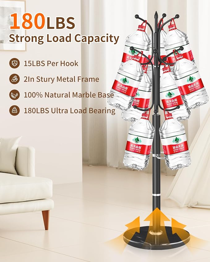 Modern Coat Rack Stand, Metal Freestanding Coat Rack with Natural Marble Base, Heavy-Duty Coat Racks with Umbrella Holder,Black Coat Hanger Stand with 12 Hooks for Office, Entryway, Hallway