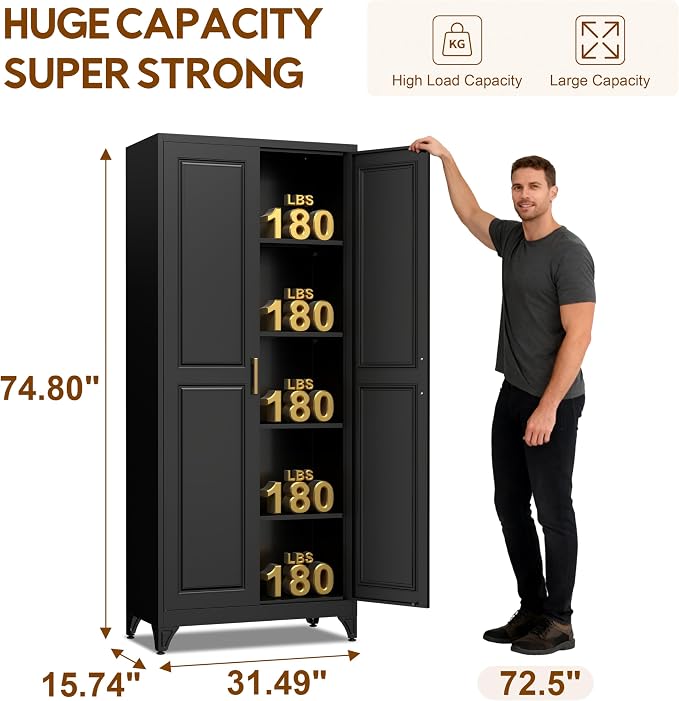 UNICOLY 75" Kitchen Pantry Cabinet, Metal Tall Storage Cabinet with Doors | Kitchen Storage Cabinets with 4 Shelves,Pantry Storage for Kitchens, Living Room, Dinning Room, Assembly Required, Black
