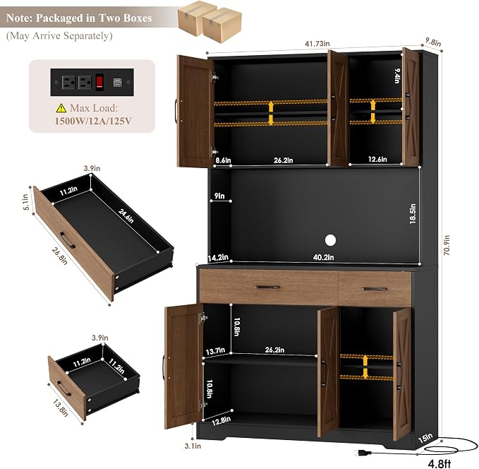 HOSTACK 71" Pantry Cabinet with Charging Station, Tall Kitchen Pantry Storage Cabinet with Microwave Stand, Farmhouse Kitchen Hutch with Storage Drawers for Living Room, Dining Room, Brown/Black